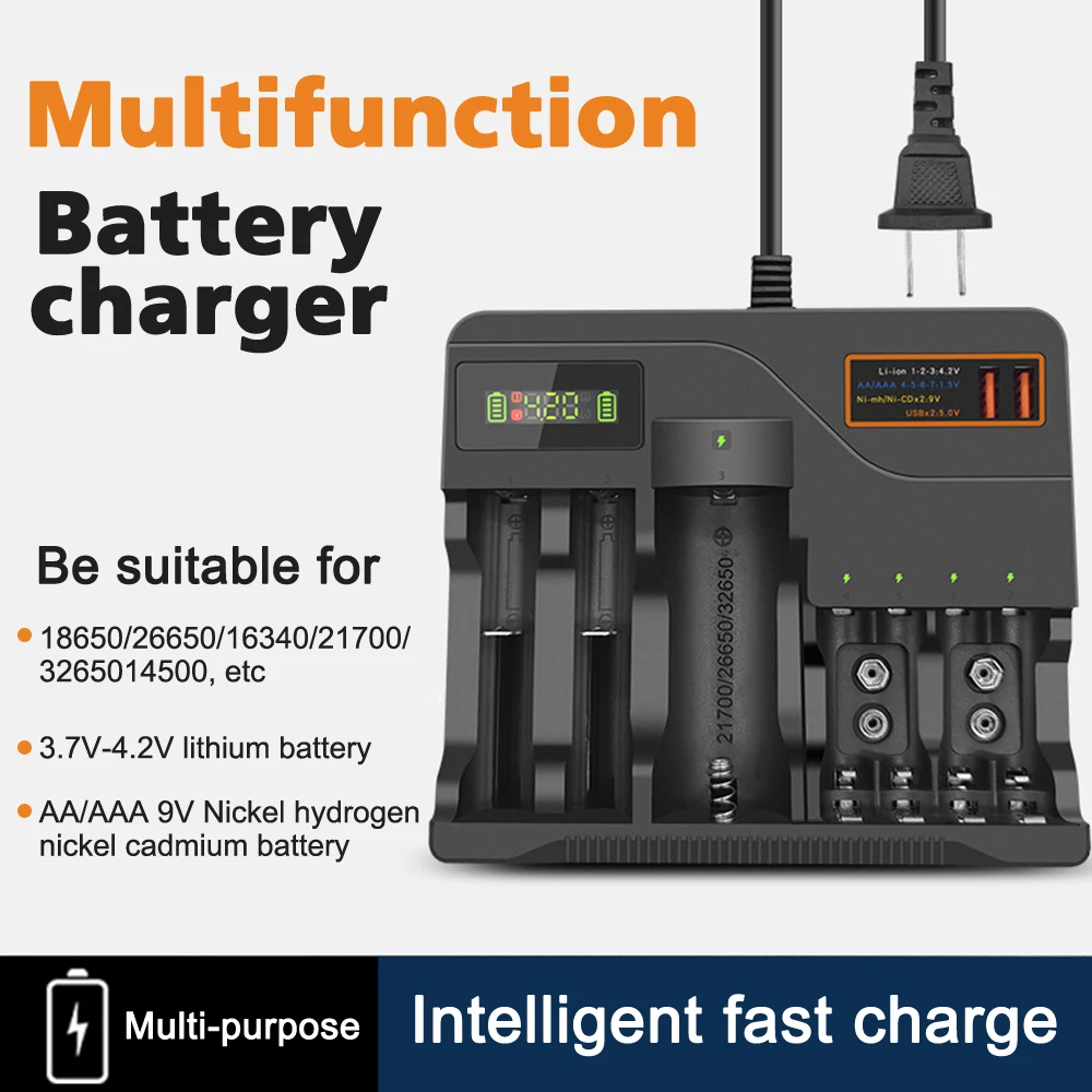 Battery Charger For 18650/26650/21700/32650/14500/16340/ 9V Ni-MH Cd AA AAA Battery Charger LCD Display 7 Charging Slot EU USUSB