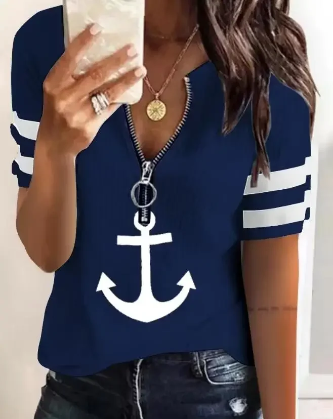 Top Women 2024 Summer Fashion Anchor Print Zipper Front Casual V-Neck Short Sleeve Daily T-Shirt Top Y2K Clothes