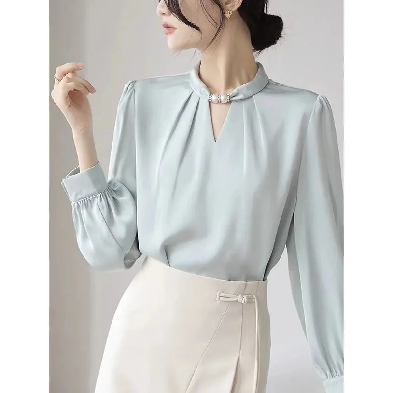 

Spring And Autumn New Neck Stand-neck Beaded Shirt Female Sleeve Satin Fashion Commuter Career Long Sleeve Comfortable Top