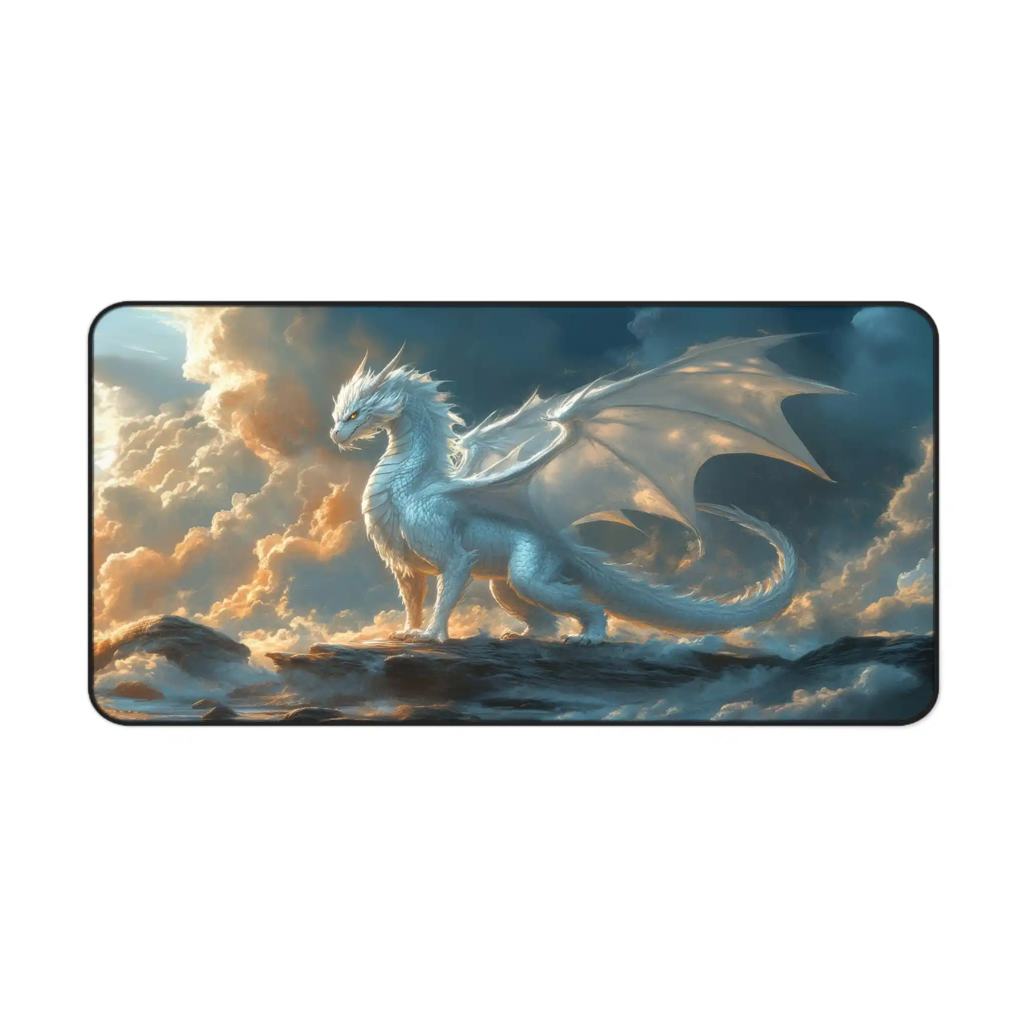 Majestic White Dragons on Rocks,Clouds Floating in The Sky,Magical Dragon-shaped Table Pads,Medieval Office Decoration Mouse Pad