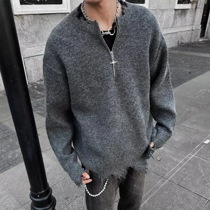 

Американский мужской вязаный свитер в стиле ретро с отверстием на молнии, изношенный модный свободный трикотаж для пар, мягкое полиэфирное волокно