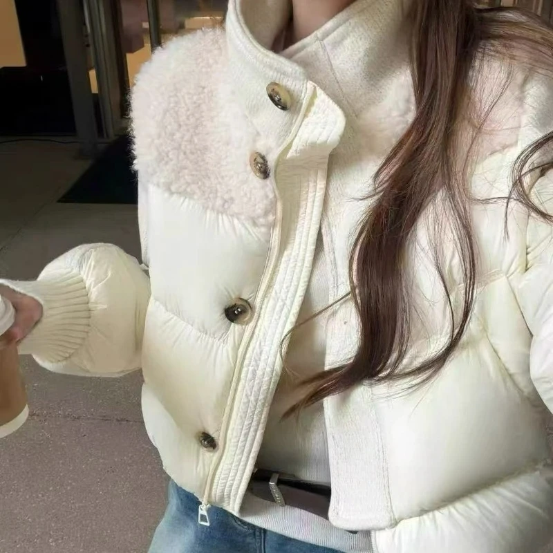 European American Style Fashionable Stand-up Collar Lambskin Patchwork Down Jacket for Women 2026 Winter Fashion Short Warm Coat