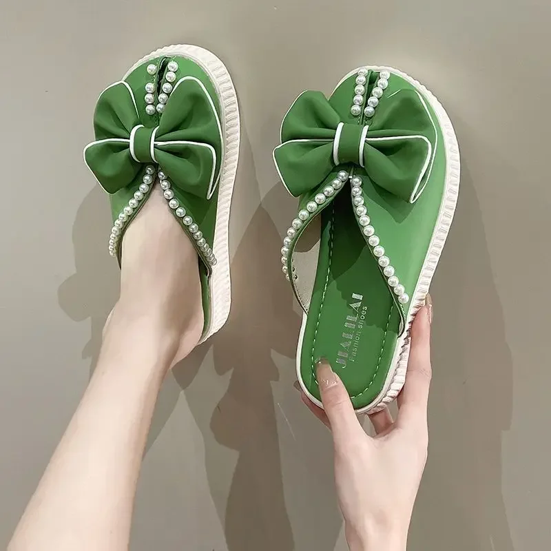 Mules de interior con punta redonda para mujer, sandalias de Casa amarillas con perlas Kawaii, zapatos gruesos con lazo