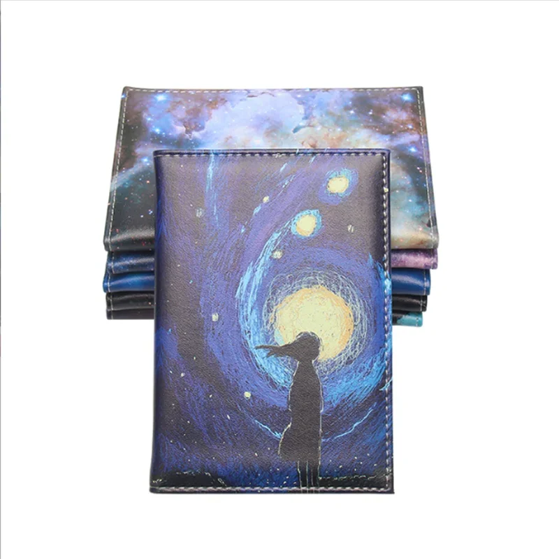 Soportes de pasaporte de cielo estrellado de moda para hombres y mujeres, bolsa de viaje, funda de pasaporte de cuero de Pvc, diseño 3D, funda de