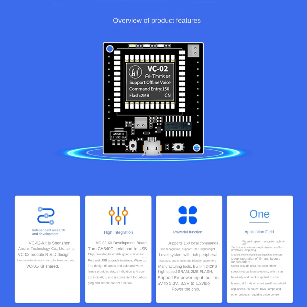 

[ABDH] VC-02-Kit AI Intelligent Offline Voice Recognition Control Module Development Board