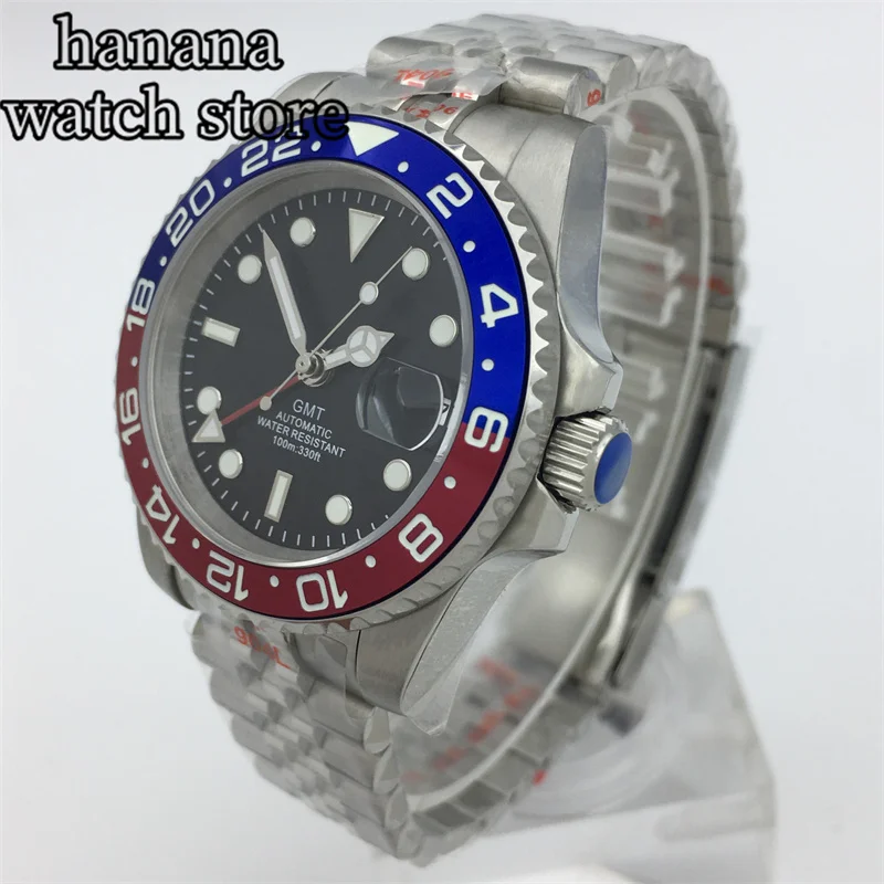 BLIGER 40mm GMT Men Mechanical Wristwatch NH34 Watch Sapphire Glass Luminous Ceramic Bezel Green Red Blue GMT Letters Black Dial