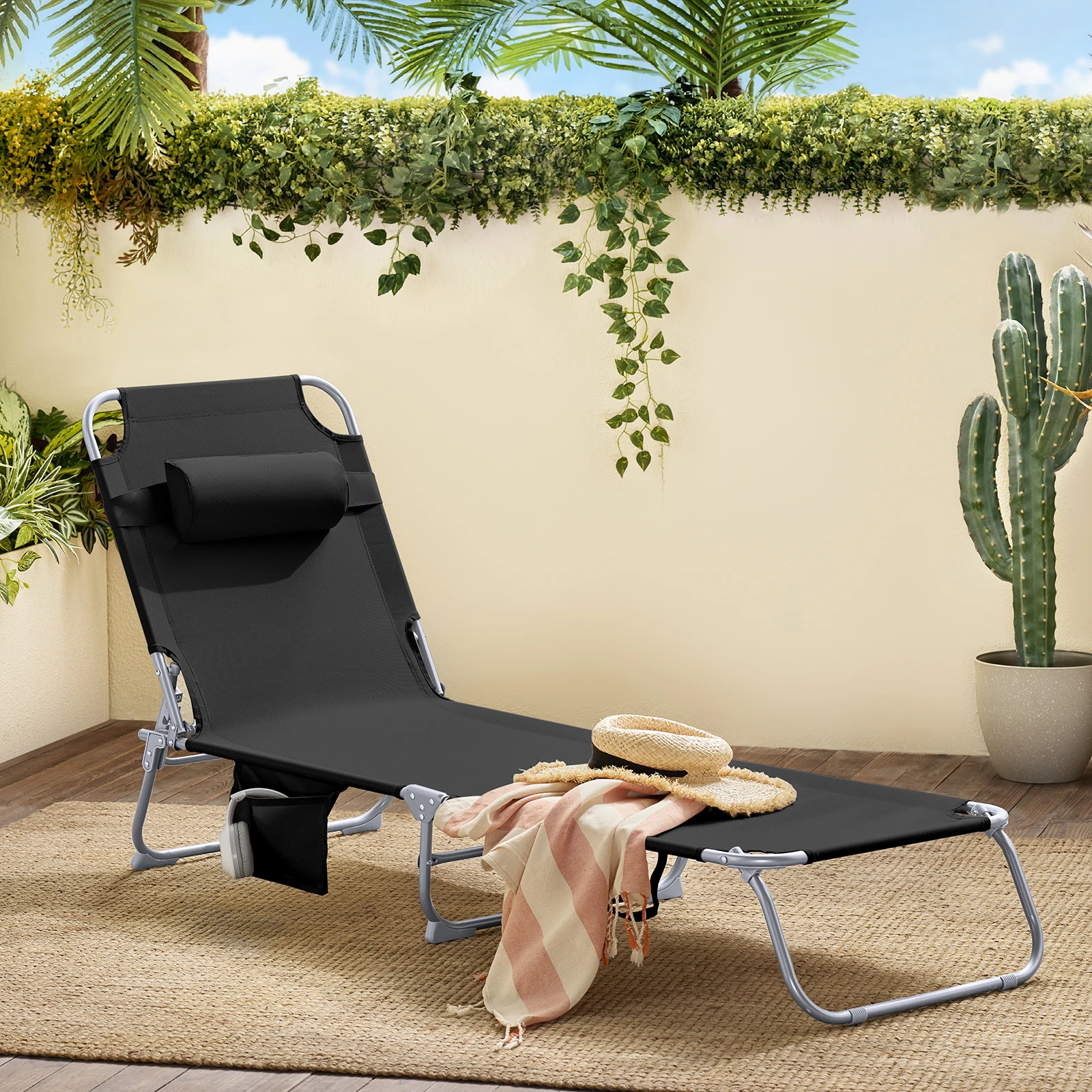 SoBuy OGS35 Tumbona plegable tumbona de jardín plegable con cojín para la cabeza y bolsillo lateral; tumbona de playa para balcón, 155 x 56 x 81 cm