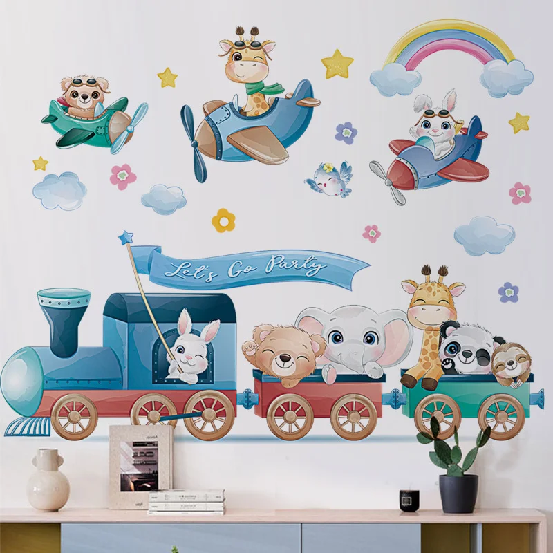 Cartoon Animals Ride On Small Trains Bedroom Decals Wall Stickers For kids Rooms Children Bedroom Wall Decals 3d vivid Poster
