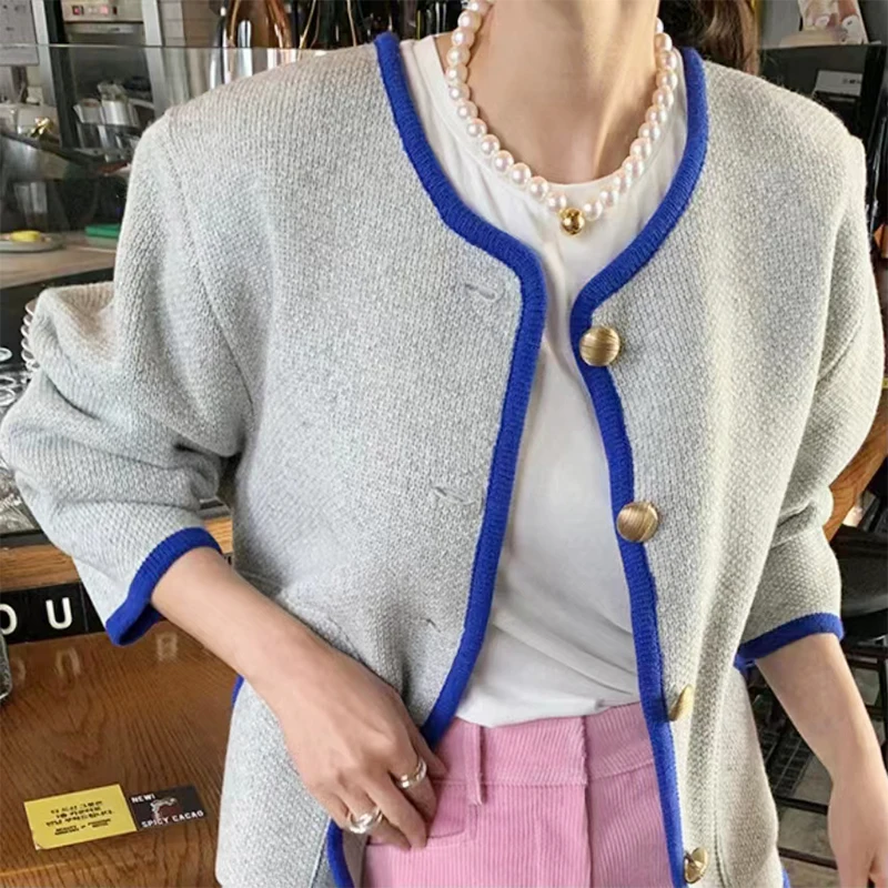 Шикарная осенняя свободная вязаная верхняя одежда круглого цвета на одной пуговице с цветочным узором в полоску, универсальная повседневная женская куртка