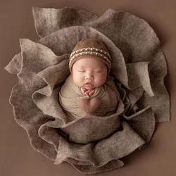 Newborn Photography Props Soft Wool Felt Blanket Floral Wrap Headband Hat Posing Vintage Theme Set Studio Shooting Accessories