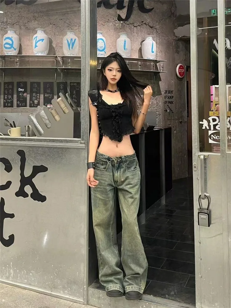 

American High Street Retro Blue Low Waist Jeans Women Summer Distressed Hot Girl Tall Extended Wide Leg Floor Length Pants