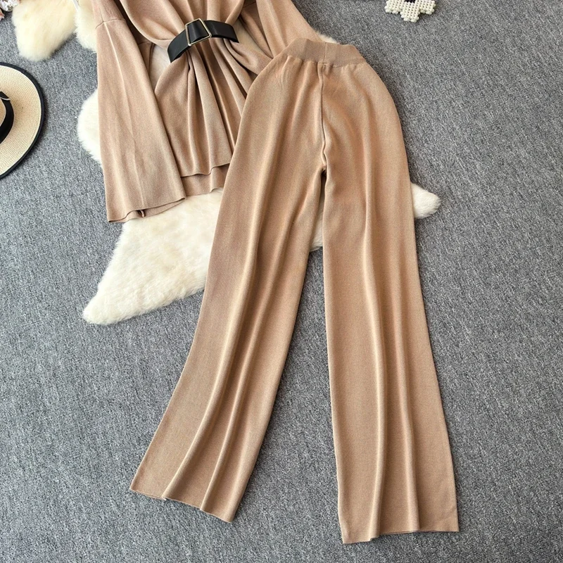 Women Retro Sweater Two Piece Sets Autumn Winter Long Sleeved Round Neck Knit Pullover Top High Waisted Wide Leg Pants Suits