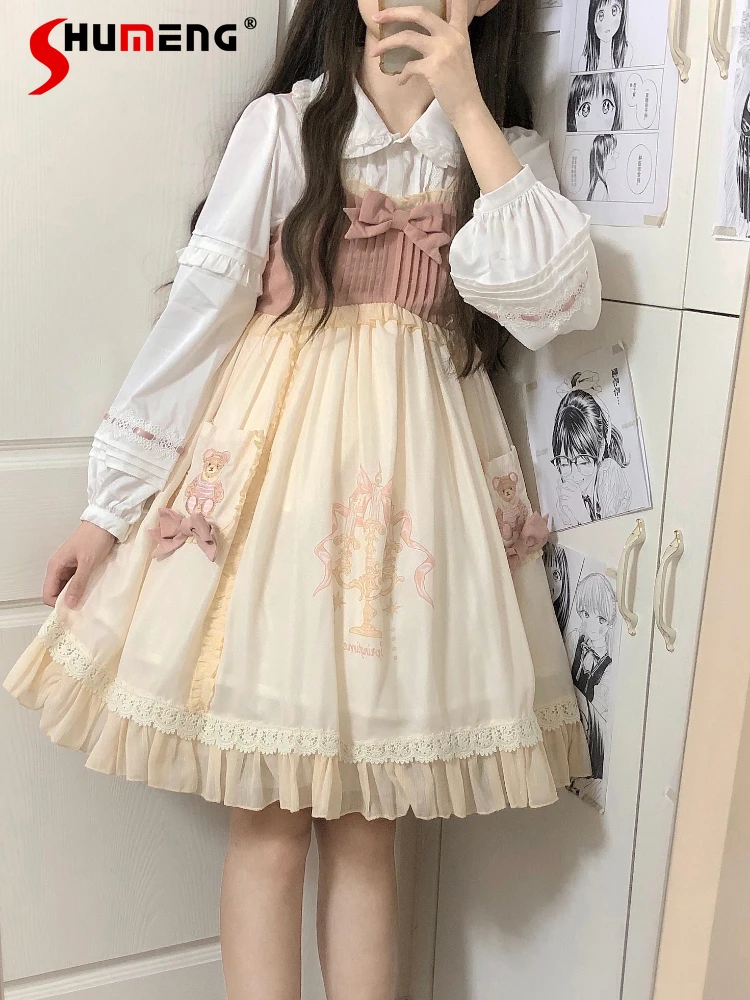 

Japanese Sweet Lolita JSK Embroidered Pocket Pleated Ruffled Bow Sleeveless High Waist A-Line Sling Dress Women Summer 2024