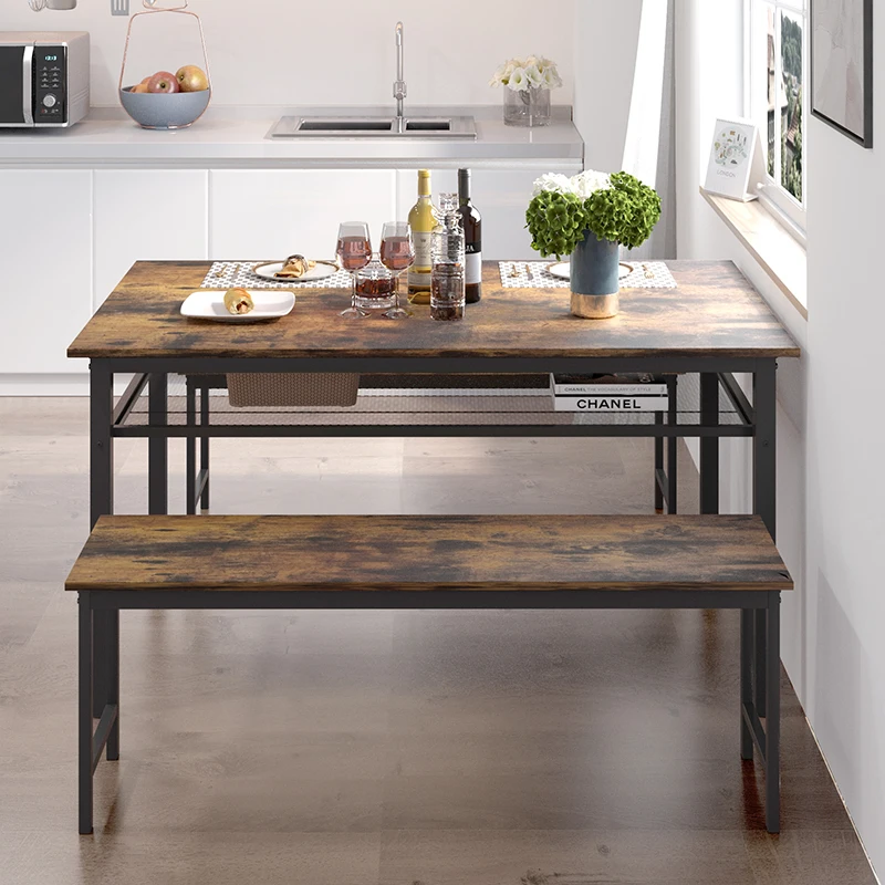 3 Pieces Farmhouse Kitchen Table Set with Two Benches, Metal Frame and MDF Board 