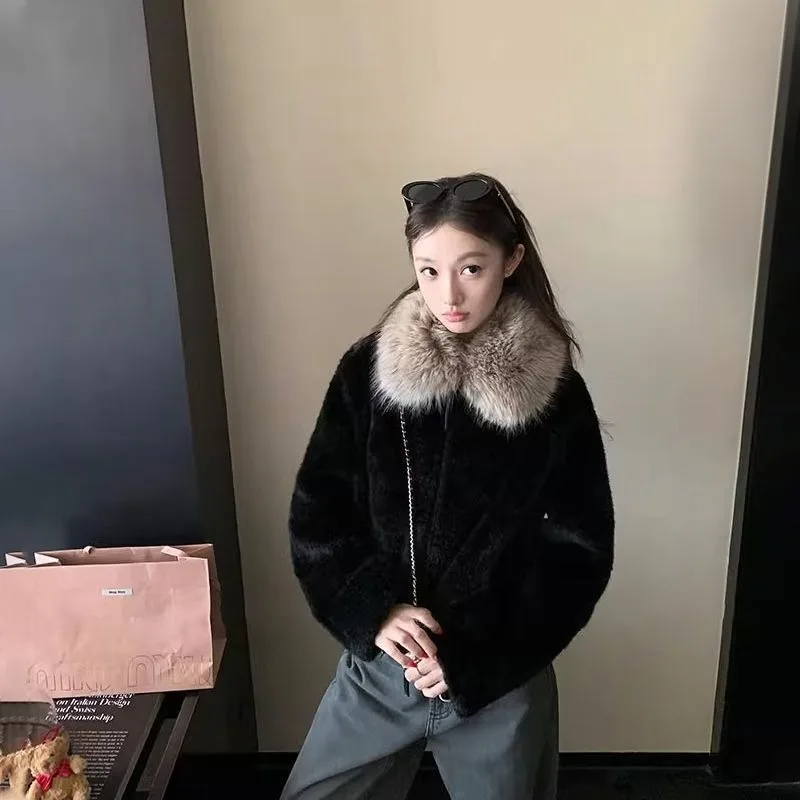 2026 New Women Cropped Faux Fur Jacket Fur Collar Zip Up Loose Solid Long Sleeve Thick Warm Coat Autumn Winter