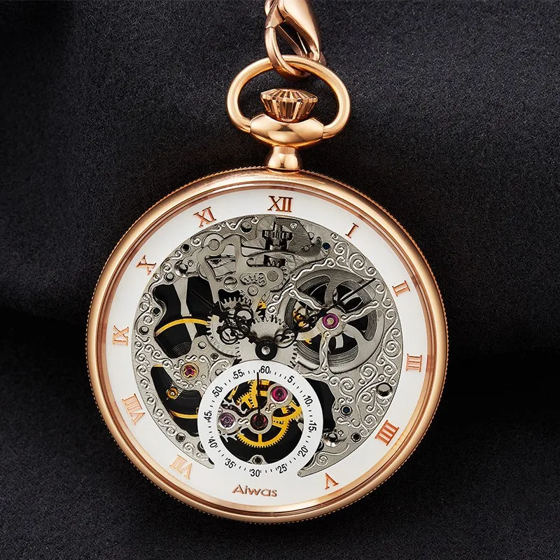 Aihuashi Retro Hollow Mechanical Watch Men's Fashion Pocket Watch Roman Scale Dial High-End Watch Can Be Set