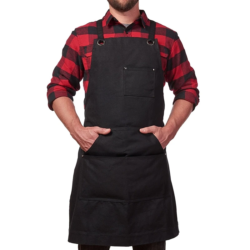 1pc Unisex Work Apron For Men, Canvas Black Apron Bib, Adjustable Cooking Kitchen Aprons For Woman With Tool Pockets
