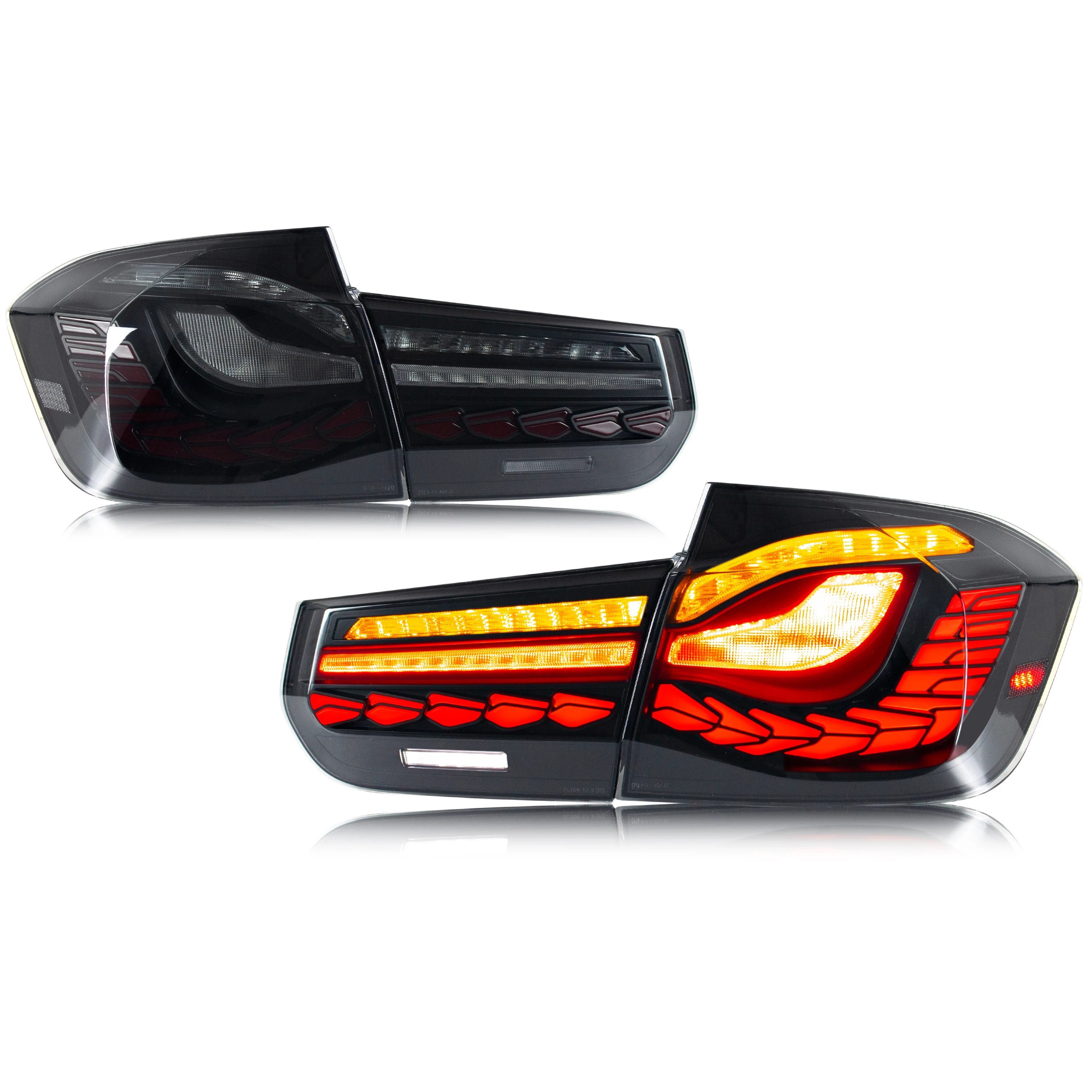 2 Stück GTS-Style LED-Rückleuchten für BMW 3er F30 F80 M3 2013-2018 Limousine, dynamischer sequenzieller gelber Blinker, Tagfahrlicht, Bremslicht, Plug-and-Play, IP67 wasserdicht