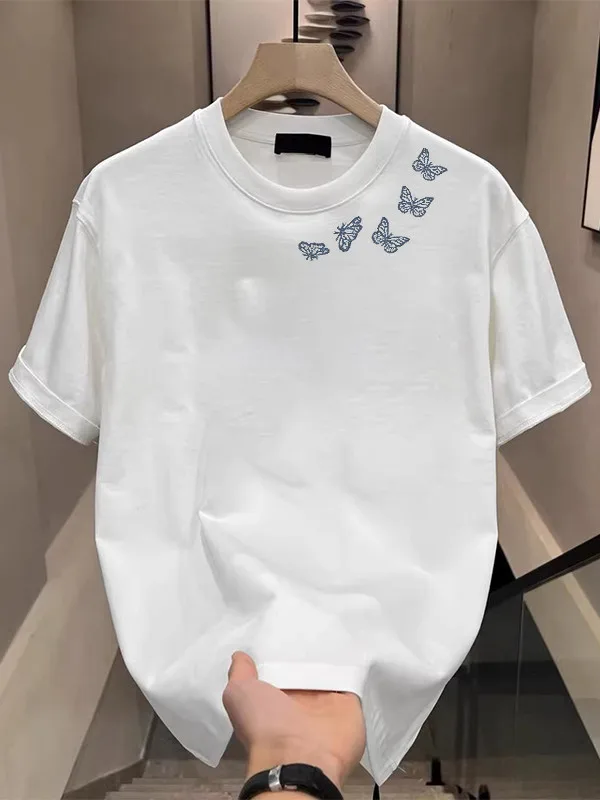 

Модная футболка из чистого хлопка 2026 года в американском минималистичном стиле с трендовым принтом бабочки, летний универсальный топ с круглым вырезом и коротким рукавом