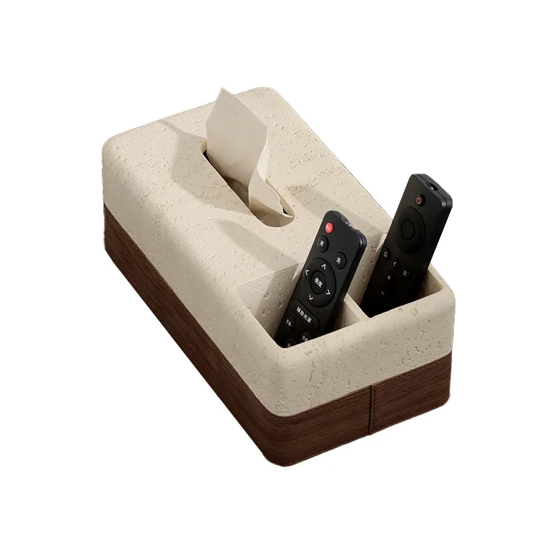 Travertine walnut leather pattern tissue box, high-end hotel living room coffee table desktop remote control storage box