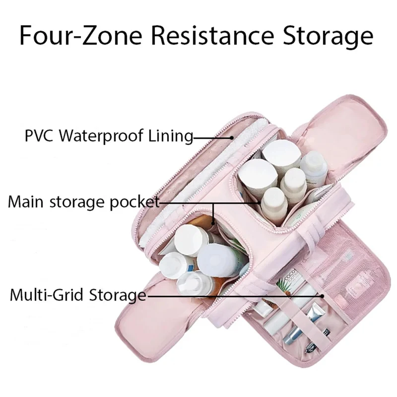 Large Travel Makeup Bag 180° Wide Opening Toiletry Organizer Water-Resistant Padded Cosmetic Case With Handle For Full-Size Bott