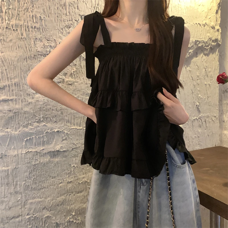 Y2k Tank Top Women Clothing Ruffles Sweet Chic Simple Korean Style Girlish Holiday Sleeveless Tender Streetwear Daily Students