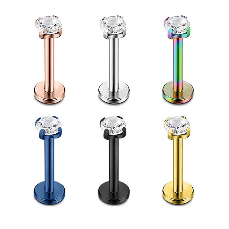 Punk Zirkonia Lippen ring Ohr stecker 4 Zinken 16g Titan Stahl Labret Piercing Bar Tragus Helix Piercing Körpers chmuck