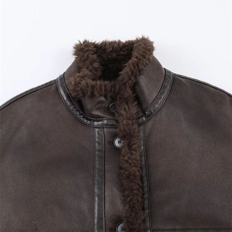 Vintage braune Lammfell-Lederjacke für Damen, übergroßer, mit Kunstpelz gefütterter Mantel, Wintermode-Oberbekleidung