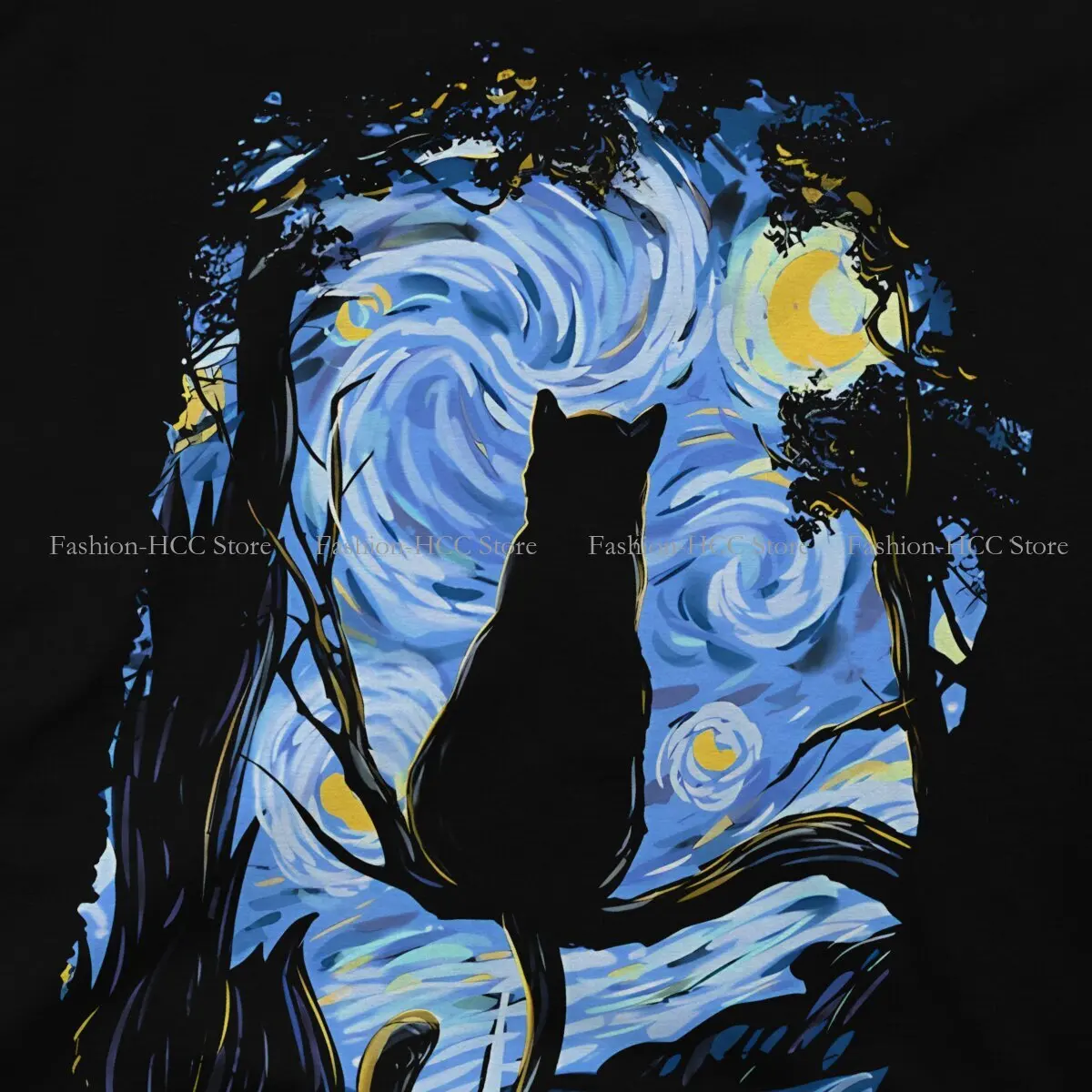 Van Gogh Starry Night Fashion TShirts Black Cat Male Style Fabric Streetwear T Shirt