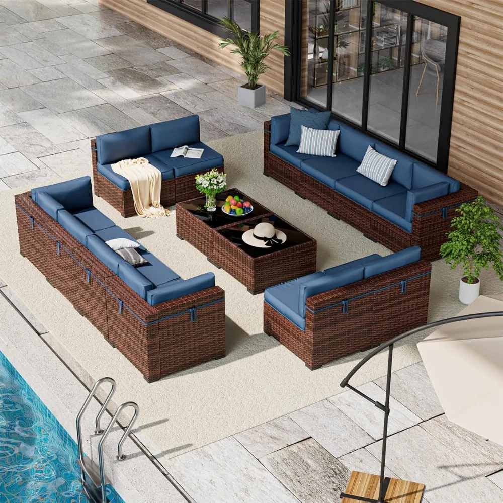 Outdoor Patio Furniture Set, 14 Pieces PE Wicker Pit Sectional Sofa with Blue Cushions, Coffee Tables, All-Weather Covers, Patio