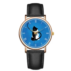 Fashion Quartz Watch For Girl Casual Blue Background White And Black Cat Wristwatch Cartoon Waterproof Real Leather Watch