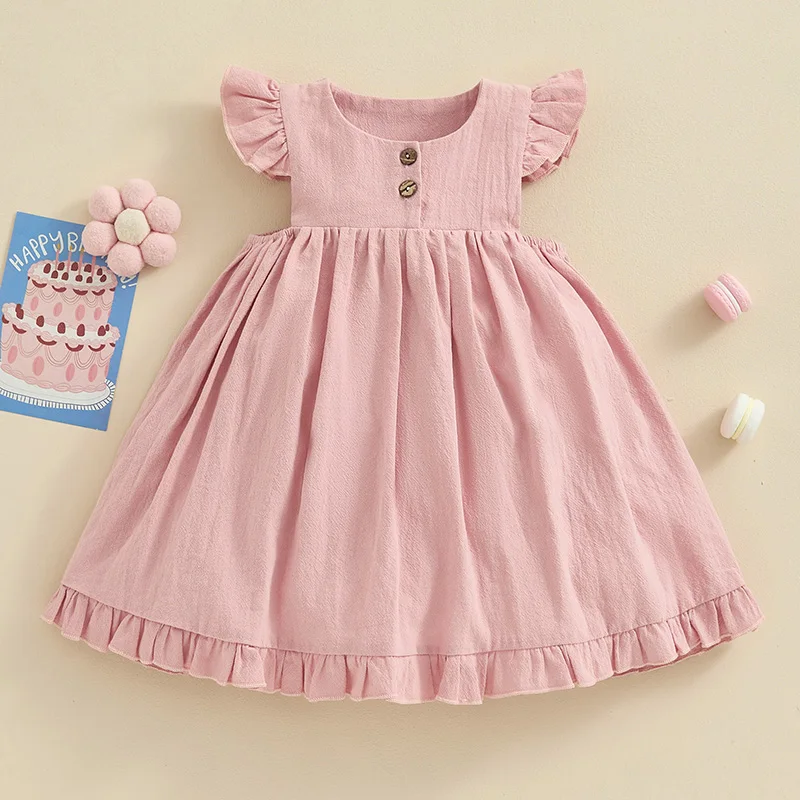 Blotona Toddler Baby Girl Summer Dress Ruffle Sleeve Button Decor A-Line Dresses Cute Princess Clothes