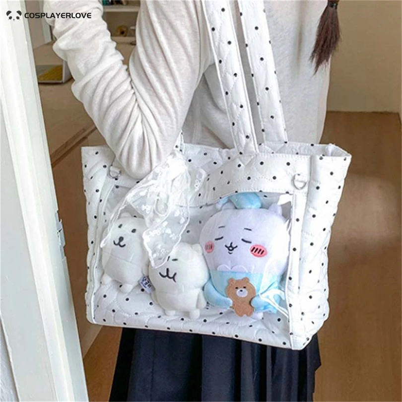 2026年オリジナルレースボウポルカドット大容量学生用ショルダーバッグ、女の子用pvc透明レディースハンドバッグ