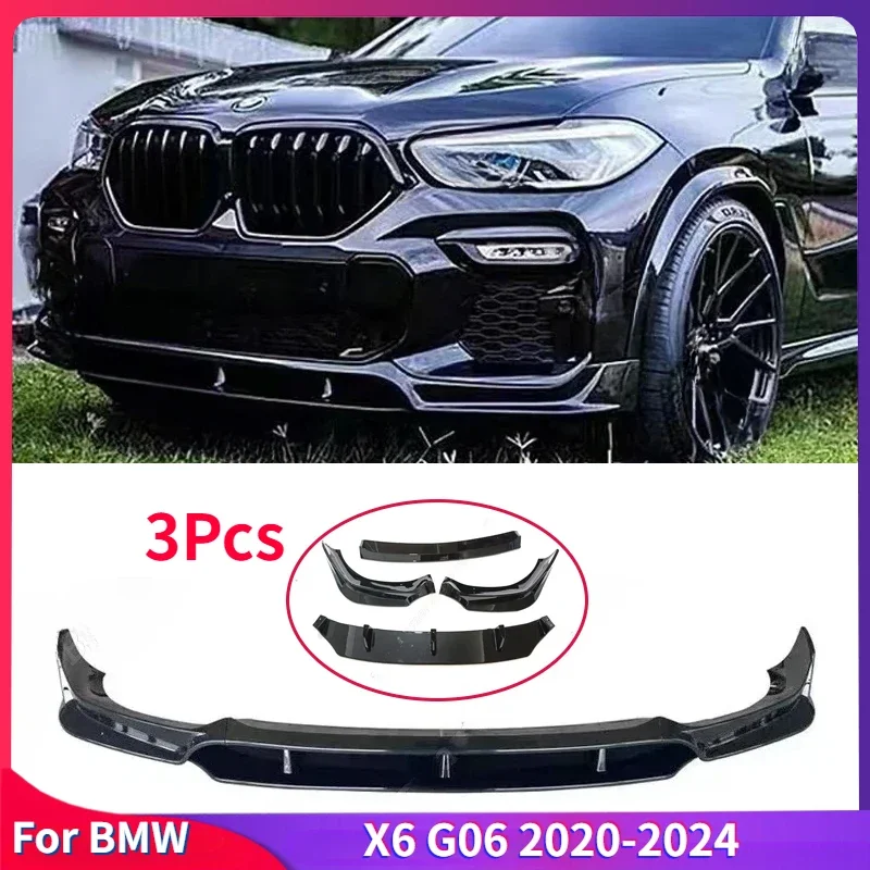 Car Front Bumper Spoiler Lip Splitter for BMW X6 G06 2020-2024 ABS Plastics Body Kits Tuning Accessories Diffuser Gloss Black