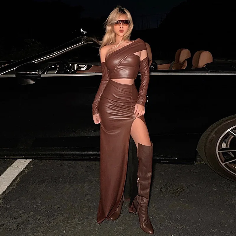 

Leather Brown Prom Dress Sexy One Shoulder Top Detachable Full Sleeves Side Split Party Gown Hot Girl Streetwear Skirt Robes