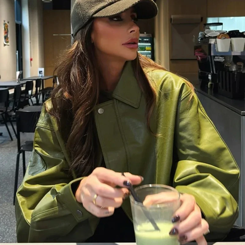 

2025 New Autumn Olive Green faux Leather Jacket Coat Silhouette Vintage High Street Zipper Lapel Overcoat Loose Casual Outwear
