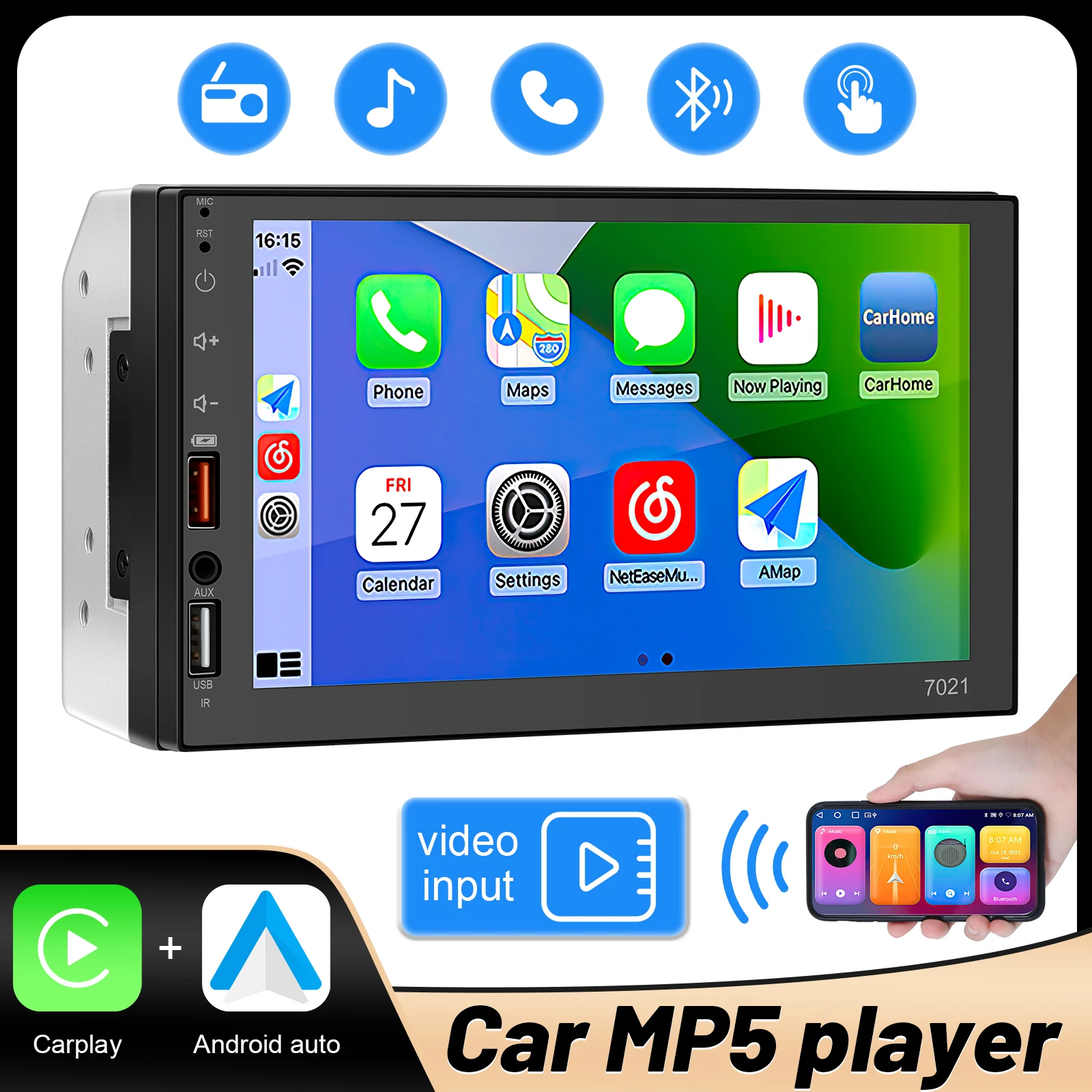 

Car Stereo 2 Din 7" Radio MP5 Player with HD Touch Screen Backup Camera Dual USB Digital Display Bluetooth Multimedia Player