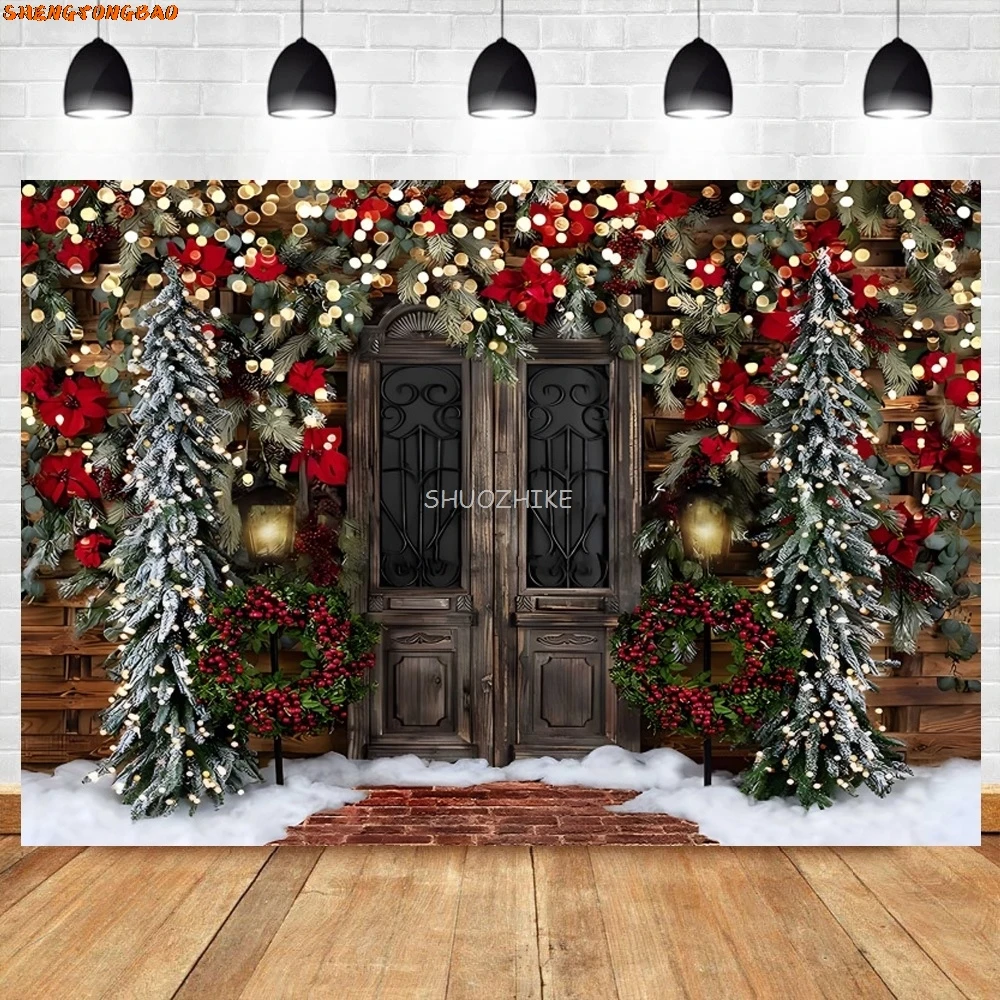 

Merry Christmas Pink Curtains Backdrop Winter Window Snow Scene Xmas Tree Gift Kids Family Portrait Photography Background