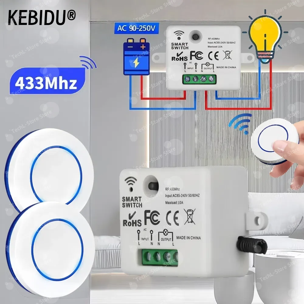 KEBIDU 433HMz Wireless Round Button Remote Control 110V 220V 240V Mini Receiver RF Safety Switch Module For Home LED Lamp Bulb