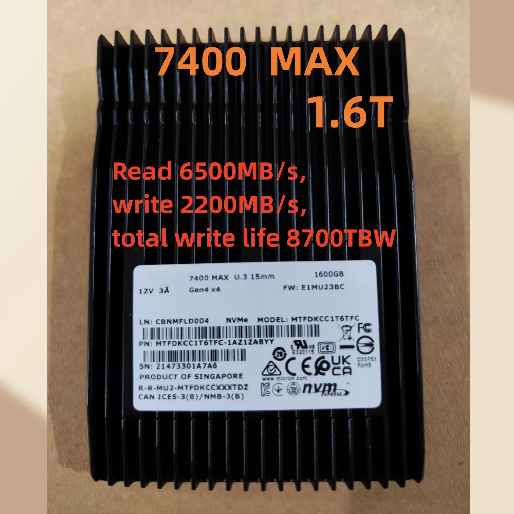 New 7400 MAX 3.2T 1.6T NVMe Gen4.0X4 U.3 15mm Enterprise Server PCIE U.2 Solid State Drive For Micron 7400max 1600G 3200G ssd