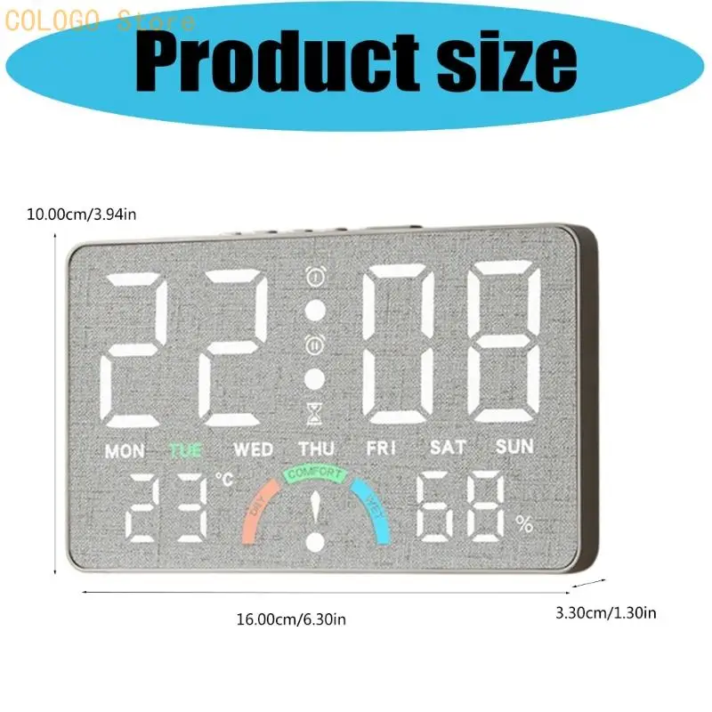 Upright LED Digital Alarm Clock Showing Time, Day, Temperature and Air Moisture, with Upper Controls and USB Connection D0LD