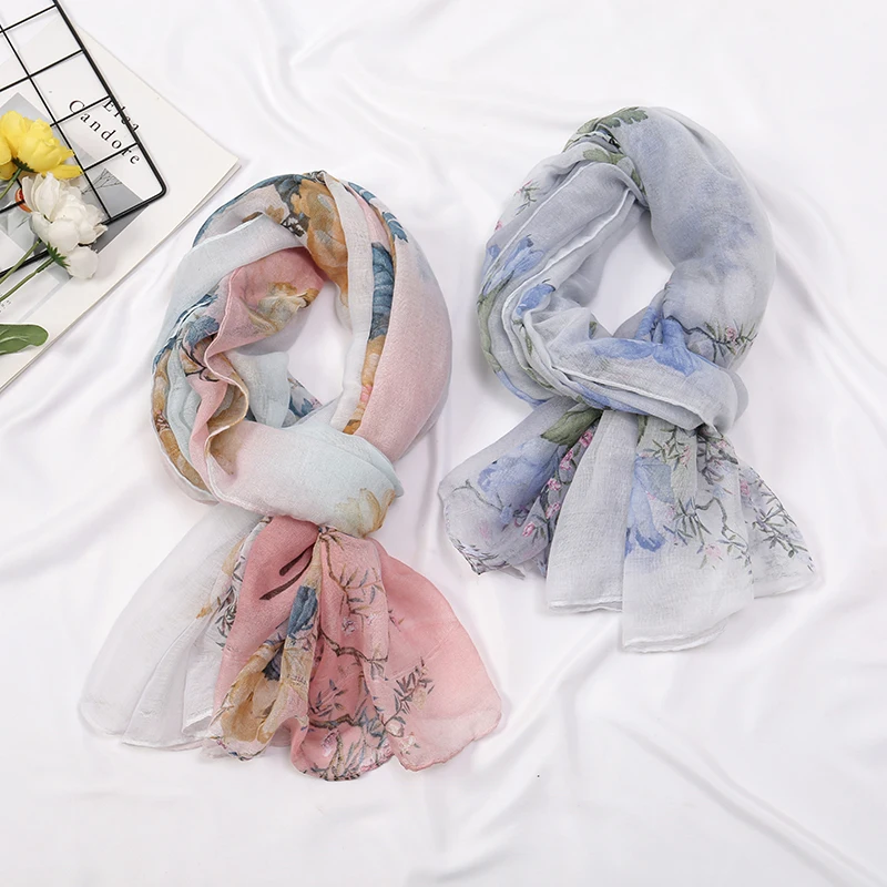 Women Cotton Linen Scarf Floral Print Shawl Vintage Patchwork Viscose Muffler Foulard Femme Headscarf Sunscreen Shawls 180*90cm