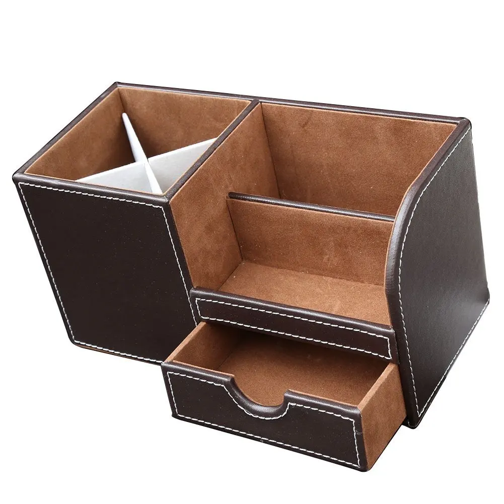 PU 가죽 다기능 책상 문구 정리 보관함, 펜 연필, 휴대폰, 명함, 원격 제어, 1 개