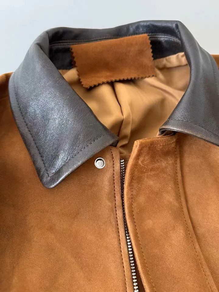 Braune Retro-Lederjacke für Damen, trendiger Kinder-Wildledermantel, Streetwear, Femini-Anzugkragen