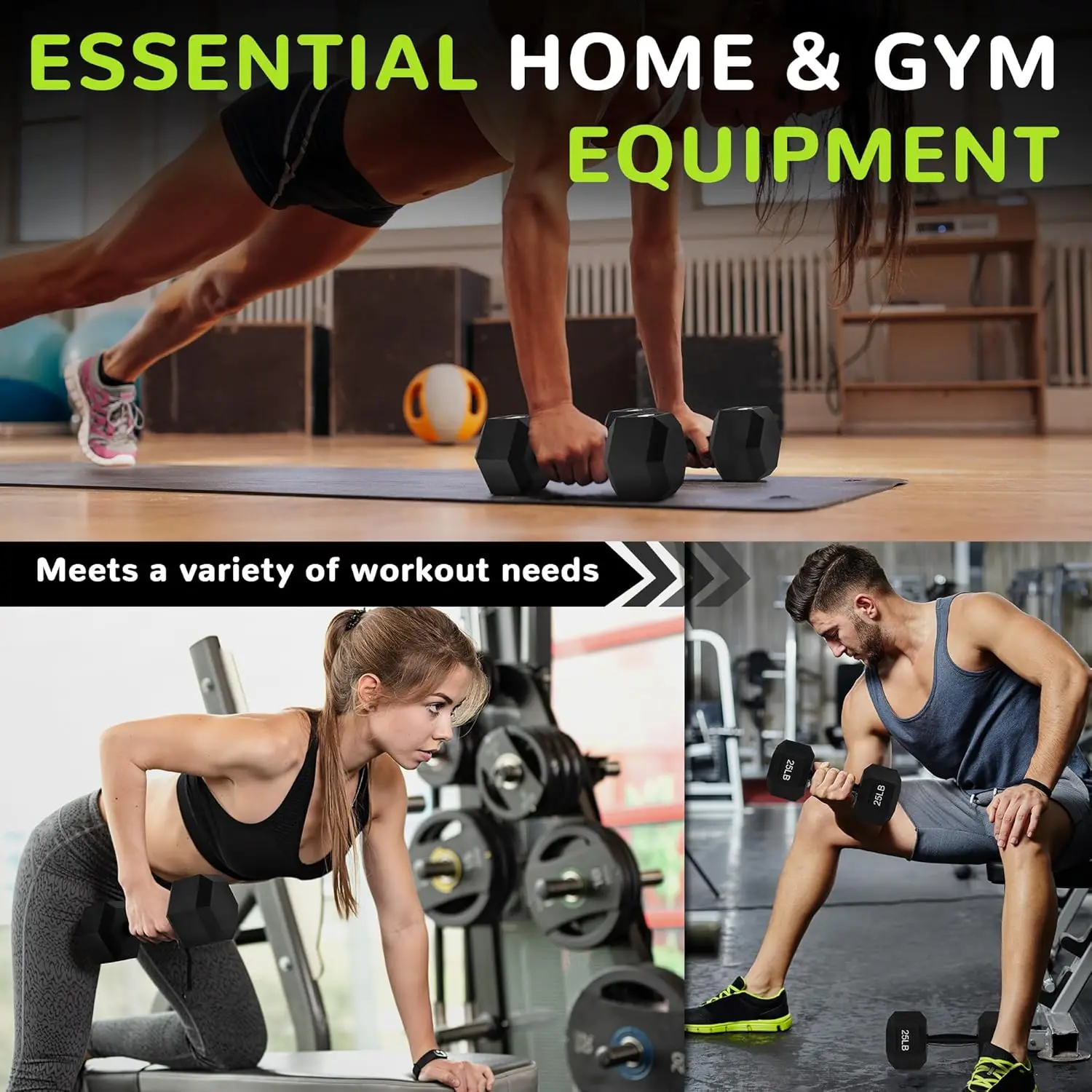 Zestaw gumowych hantli sześciokątnych z antypoślizgowym uchwytem do ćwiczeń w domu, różne rozmiary - obciążenia fitness dla wszystkich poziomów