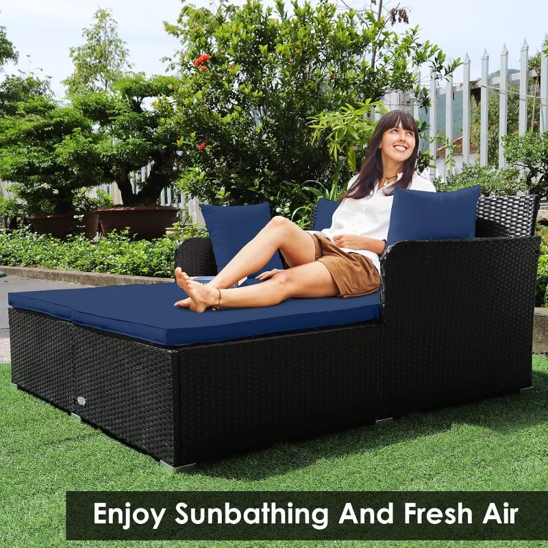 Outdoor rattan sofabed, sunbed Wicker furniture with spacious seat, upholstered and high elastic sponge, wicker terrace sofa set