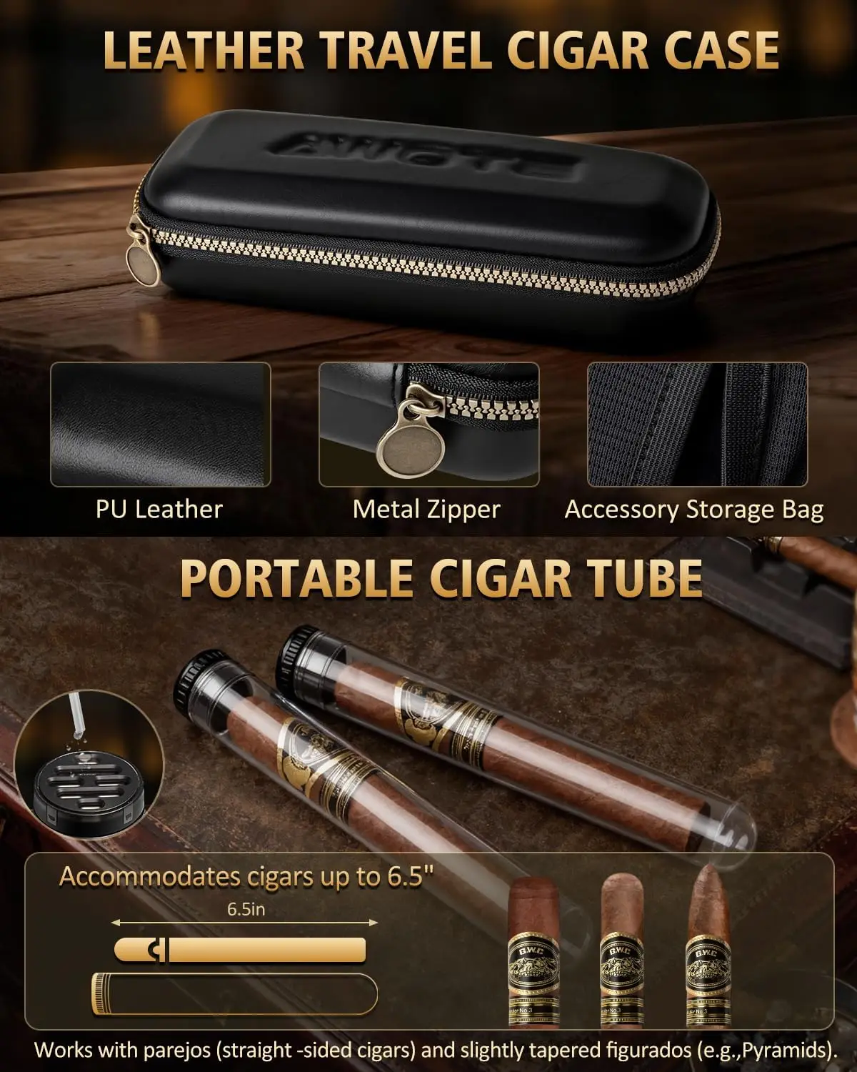 Premium cederhouten humidor met glazen deksel, digitale hygrometer, lederen etui, tube en accessoireslade - Zwarte cadeauset
