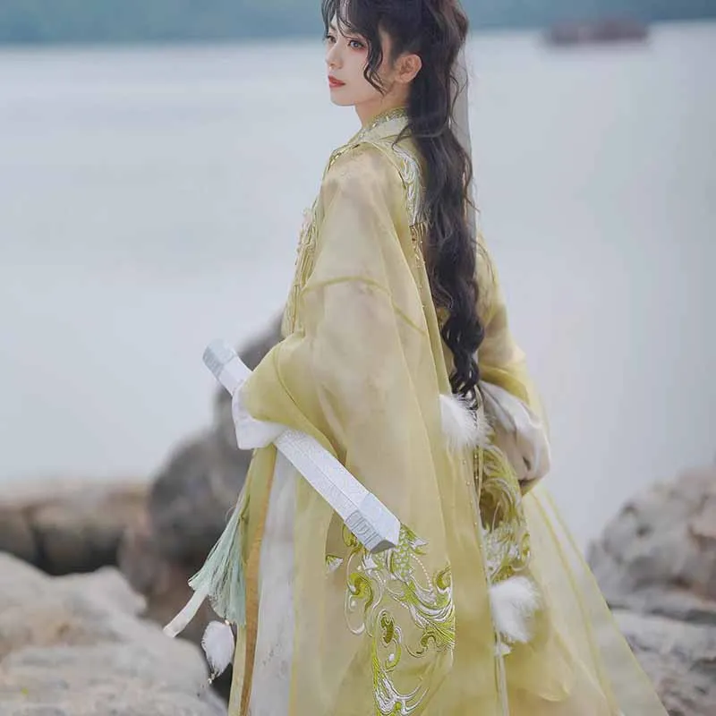 Traje Hanfu de Espadachín Wuxia para Hombre, Túnica de Manga Ancha con Bordado Degradado en Amarillo, Disfraz de Hada para Cosplay, Traje Tradicional Tang para Mujer