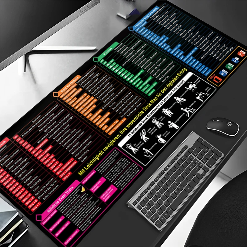 

German Excel Shortcuts Pattern Large Mouse Pad Office Desk Mat Computer Keyboard Pad Starters Gift for Office Workers Students