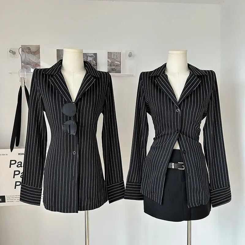 

Blouses Black Striped Long Sleeve V-Neck Women Korean Sexy Slim Casual Shirts Y2K Fashion Elegant Office Lady All-Match Midi Top